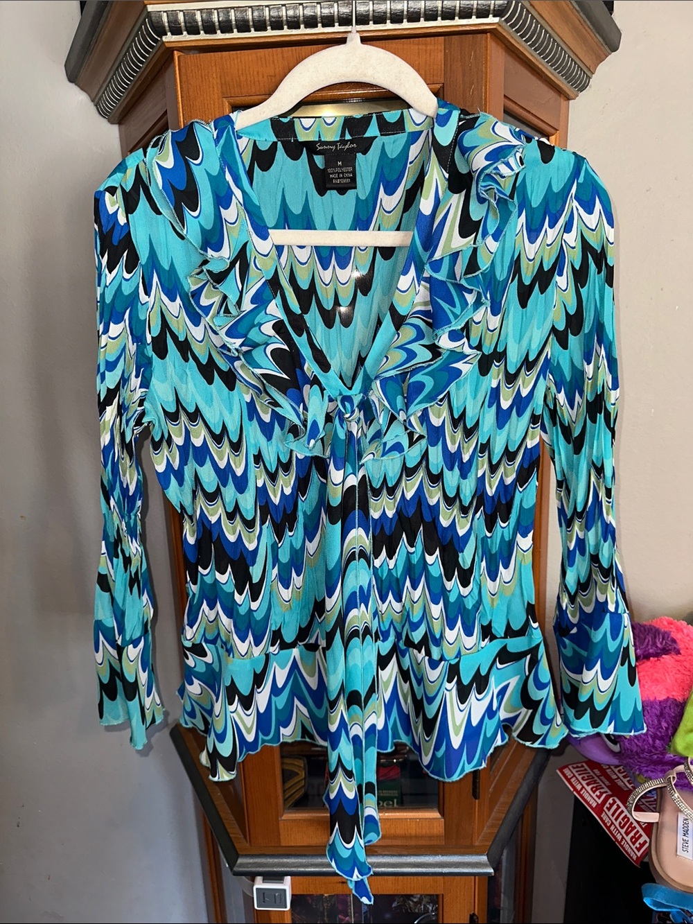 Sunny Taylor Y2K Blue Teal Patterned Ruffled Tie-Front Blouse